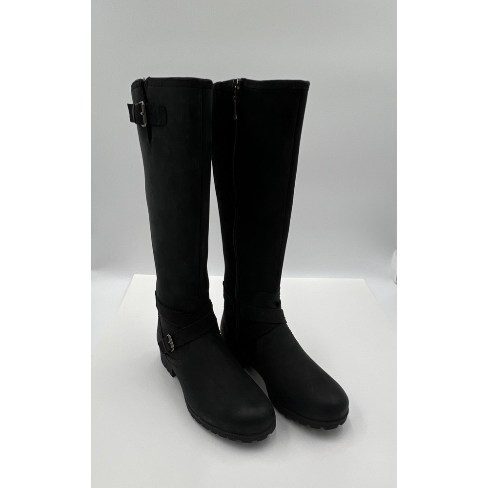 Hotter Belle Black Leather Knee High Boots Buckle‎ Side Zip Women Size 6.5"